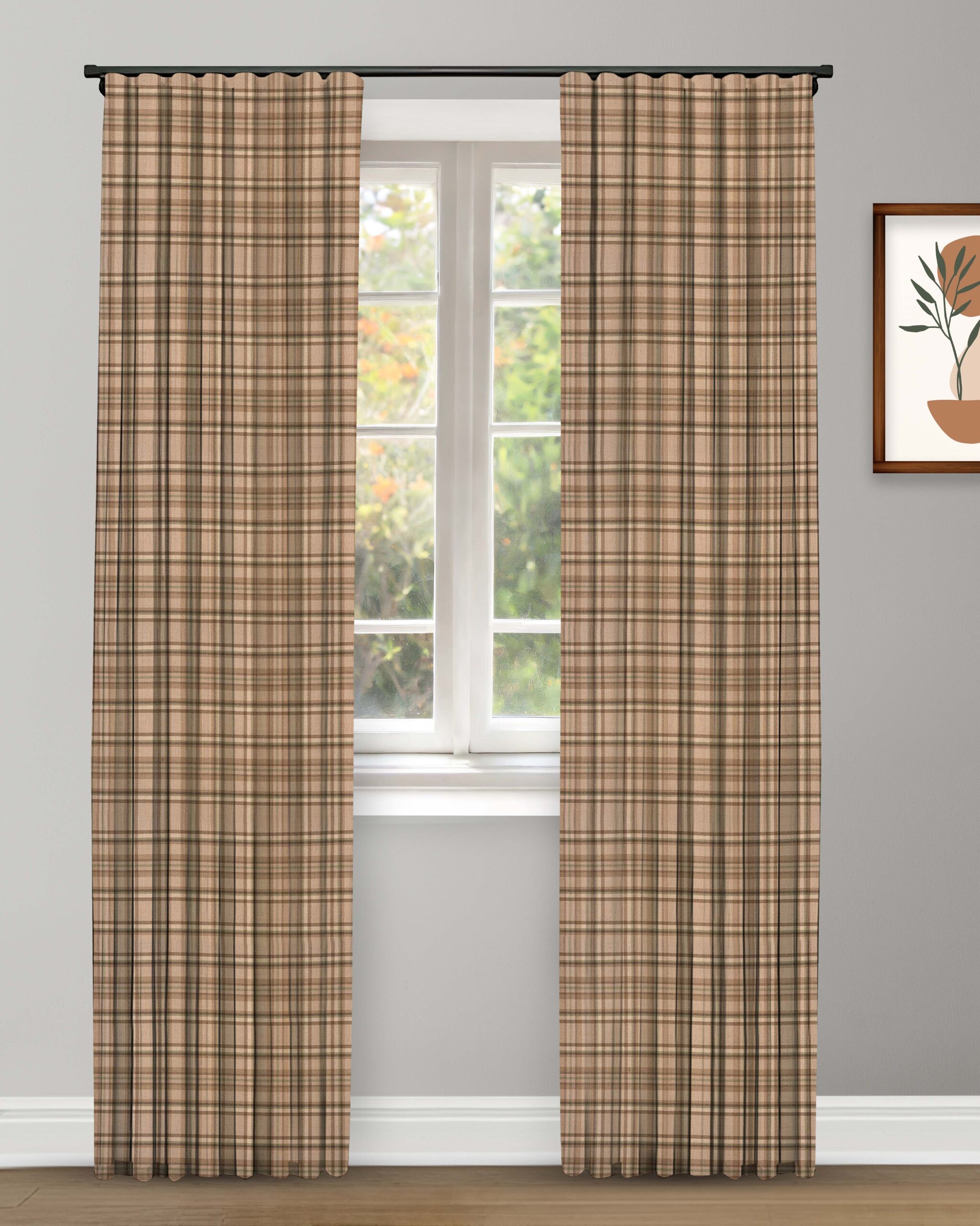 Farmhouse Plaid Check-Tan-Curtain Farmhouse Plaid Check - Tan Ripple Fold Drapes - Image 1