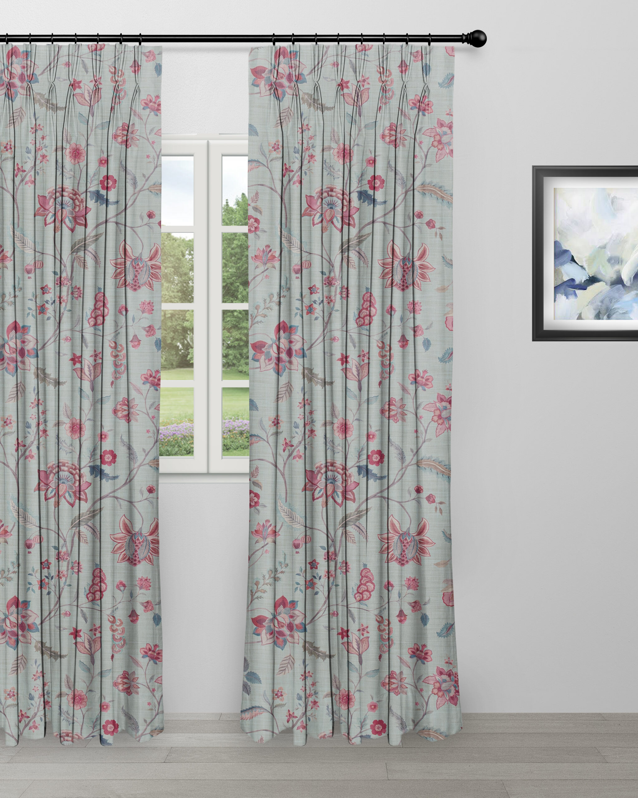 Blooming-Spring-Curtain-Rosy-Aqua-scaled-1.jpg Blooming Spring - Rosy Aqua Custom Curtains - Image 1