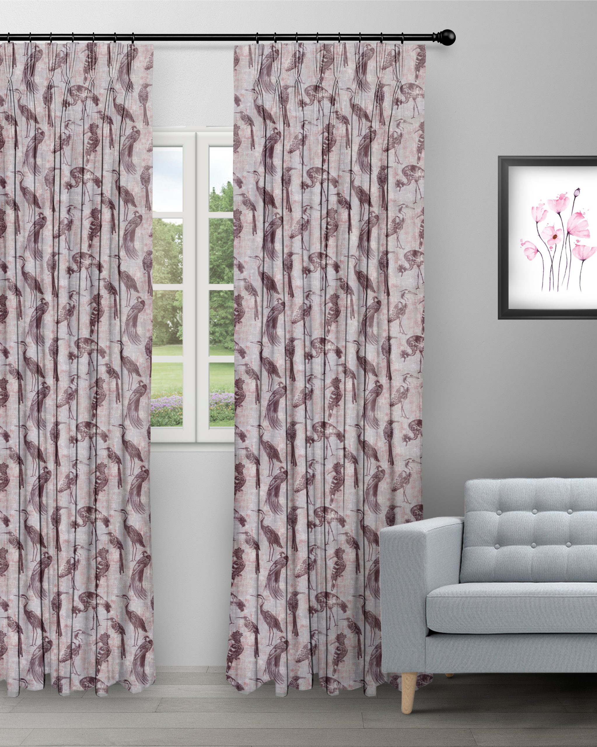Safari-Birds-Plum-Curtain-scaled-1.jpg Safari Birds - Plum Custom Curtains - Image 1