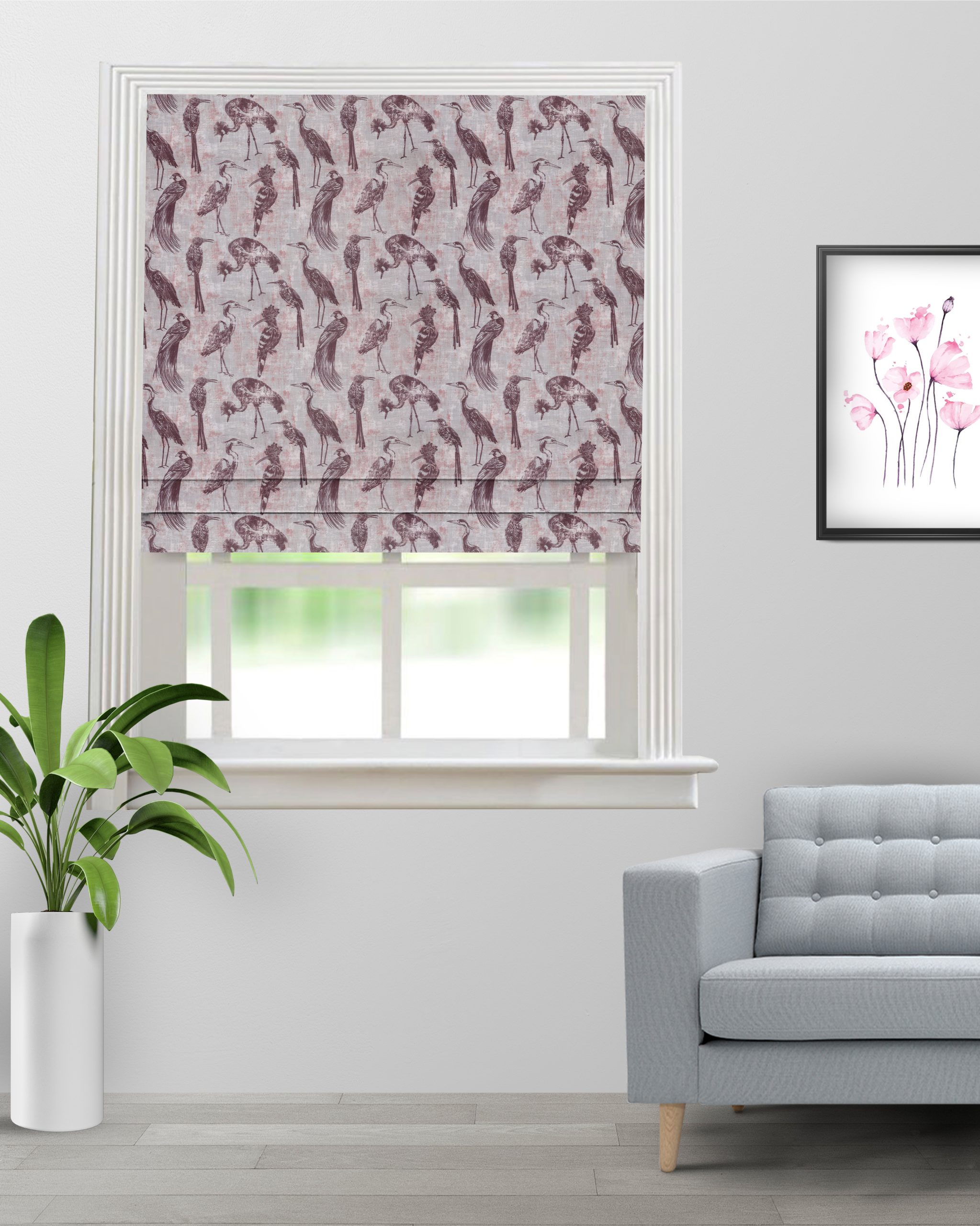 Safari-Birds-Plum-Roman-Shade-image-scaled-1.jpg Safari Birds - Plum Roman Shades - Image 1