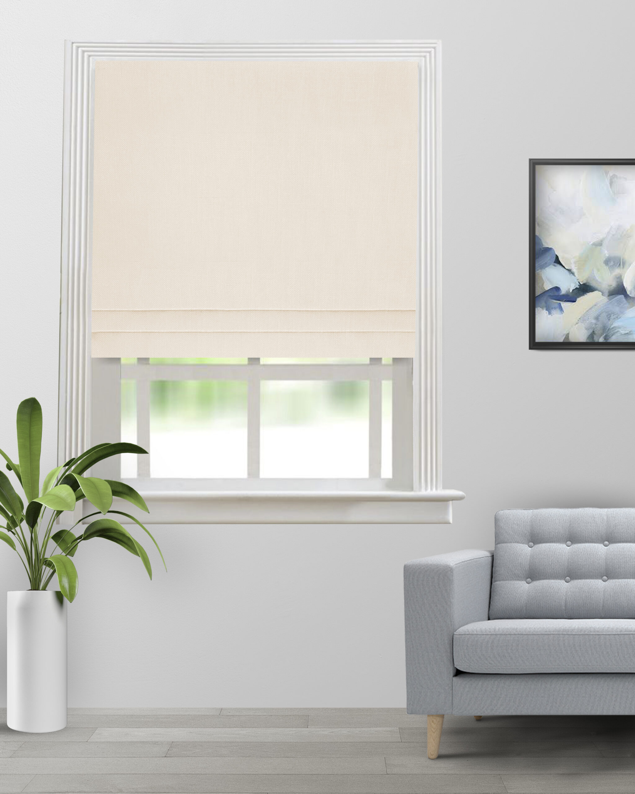Picture frame mockup psd hanging in modern living room home deco Swizz - Polar Bear Roman Shades - Image 1